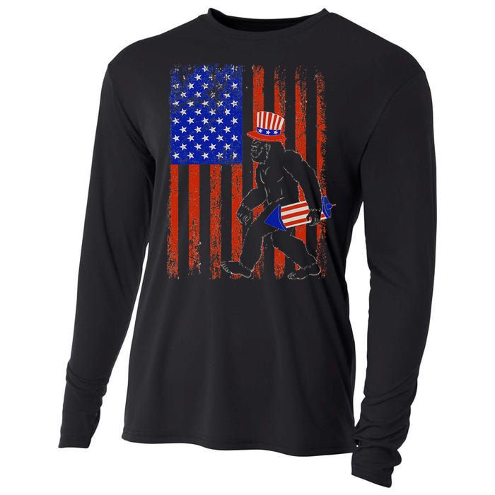 Bigfoot Fireworks Merica 4th of July USA Flag Patriotic Cooling Performance Long Sleeve Crew