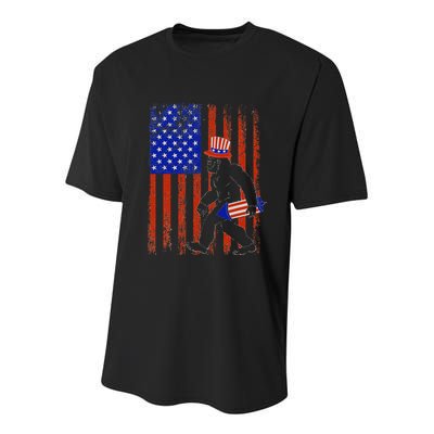 Bigfoot Fireworks Merica 4th of July USA Flag Patriotic Youth Performance Sprint T-Shirt