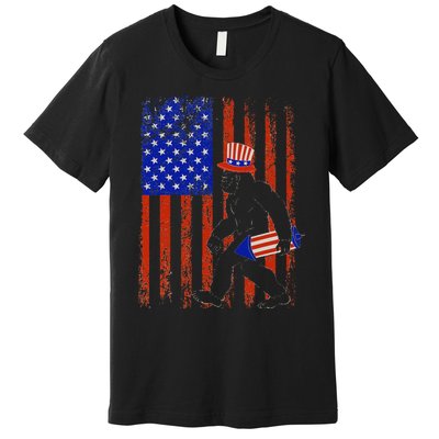 Bigfoot Fireworks Merica 4th of July USA Flag Patriotic Premium T-Shirt