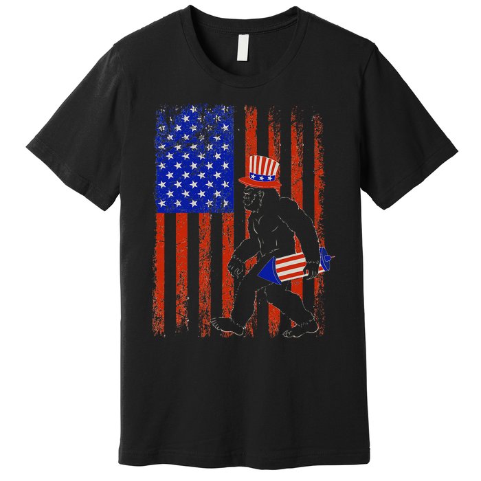 Bigfoot Fireworks Merica 4th of July USA Flag Patriotic Premium T-Shirt