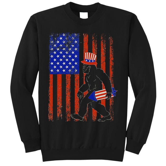 Bigfoot Fireworks Merica 4th of July USA Flag Patriotic Tall Sweatshirt