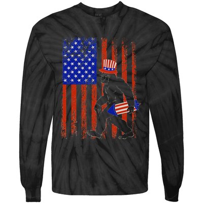 Bigfoot Fireworks Merica 4th of July USA Flag Patriotic Tie-Dye Long Sleeve Shirt