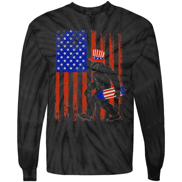 Bigfoot Fireworks Merica 4th of July USA Flag Patriotic Tie-Dye Long Sleeve Shirt