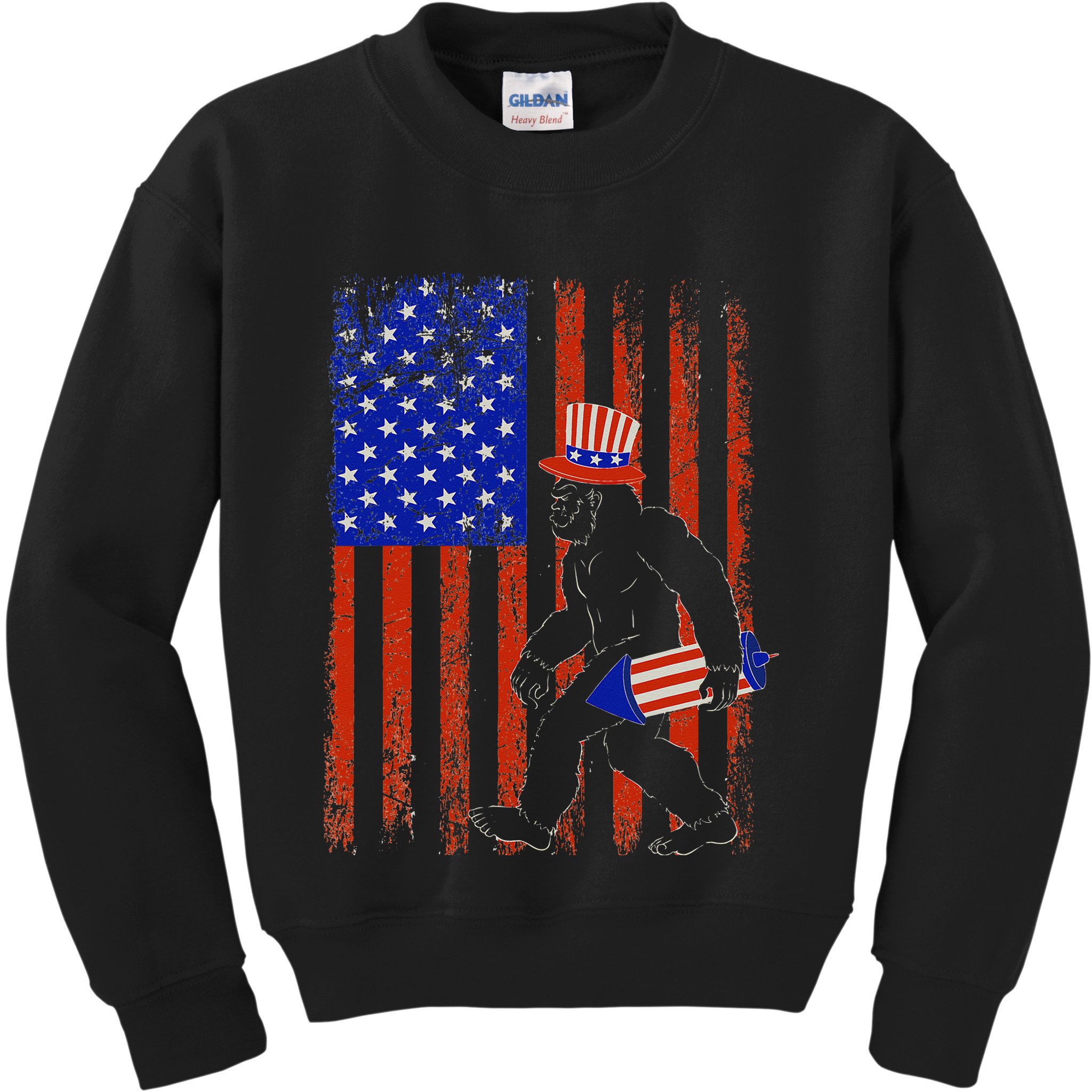 Bigfoot Fireworks Merica 4th of July USA Flag Patriotic Kids Sweatshirt