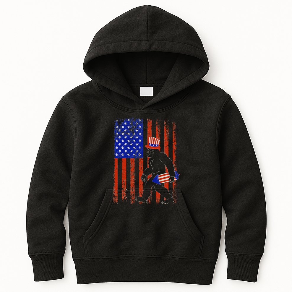Bigfoot Fireworks Merica 4th of July USA Flag Patriotic Kids Hoodie