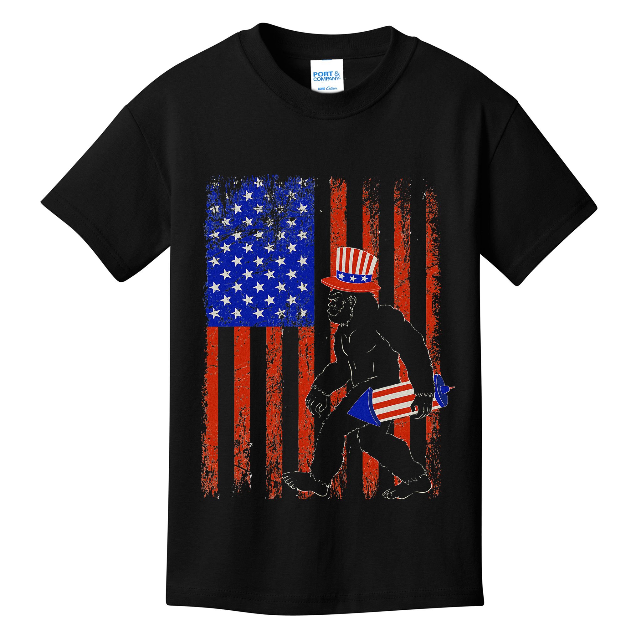 Bigfoot Fireworks Merica 4th of July USA Flag Patriotic Kids T-Shirt