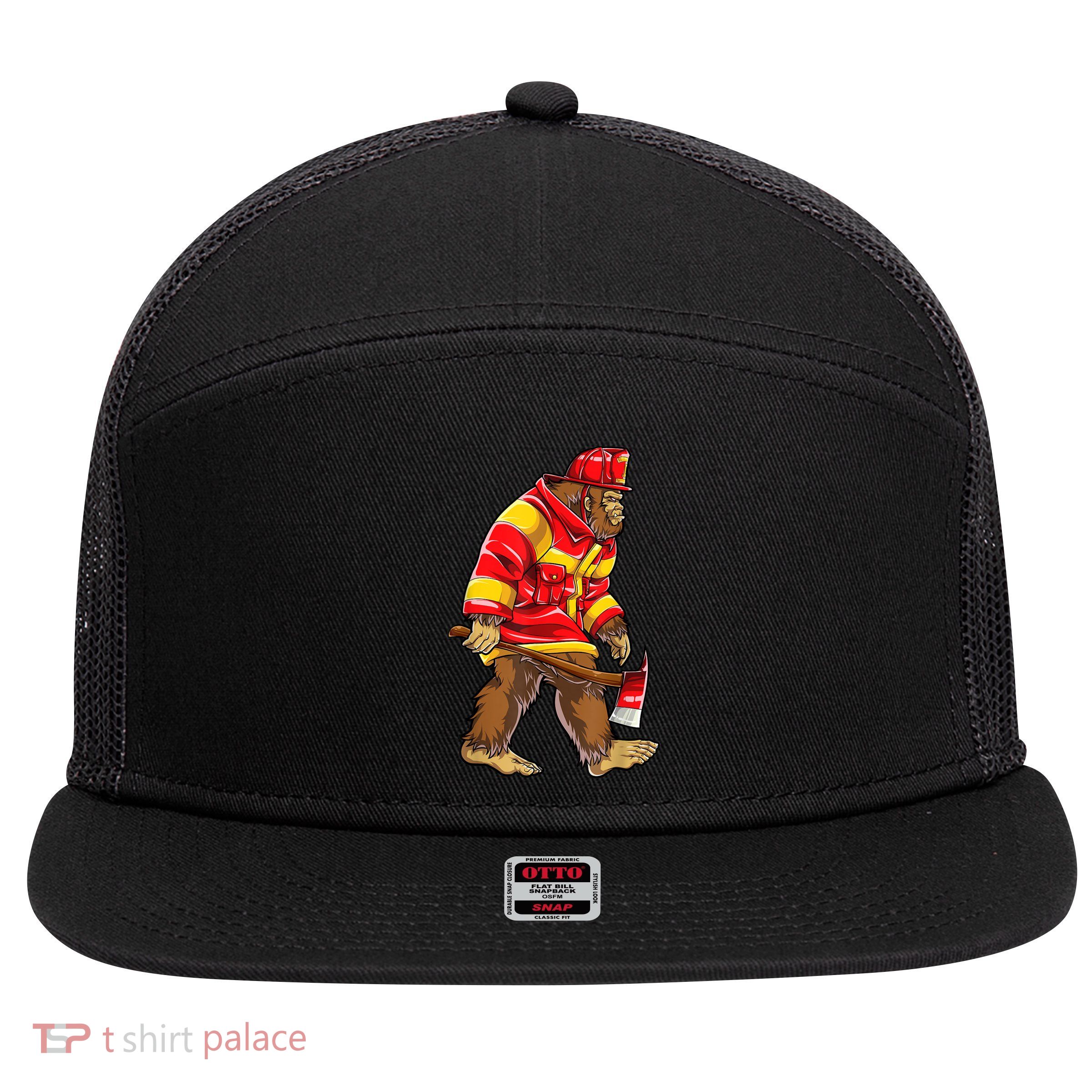 Bigfoot Firefighter Men Thin Red Line Sasquatch Lover 7 Panel Mesh Trucker Snapback Hat