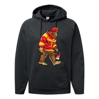 Bigfoot Firefighter Men Thin Red Line Sasquatch Lover Performance Fleece Hoodie