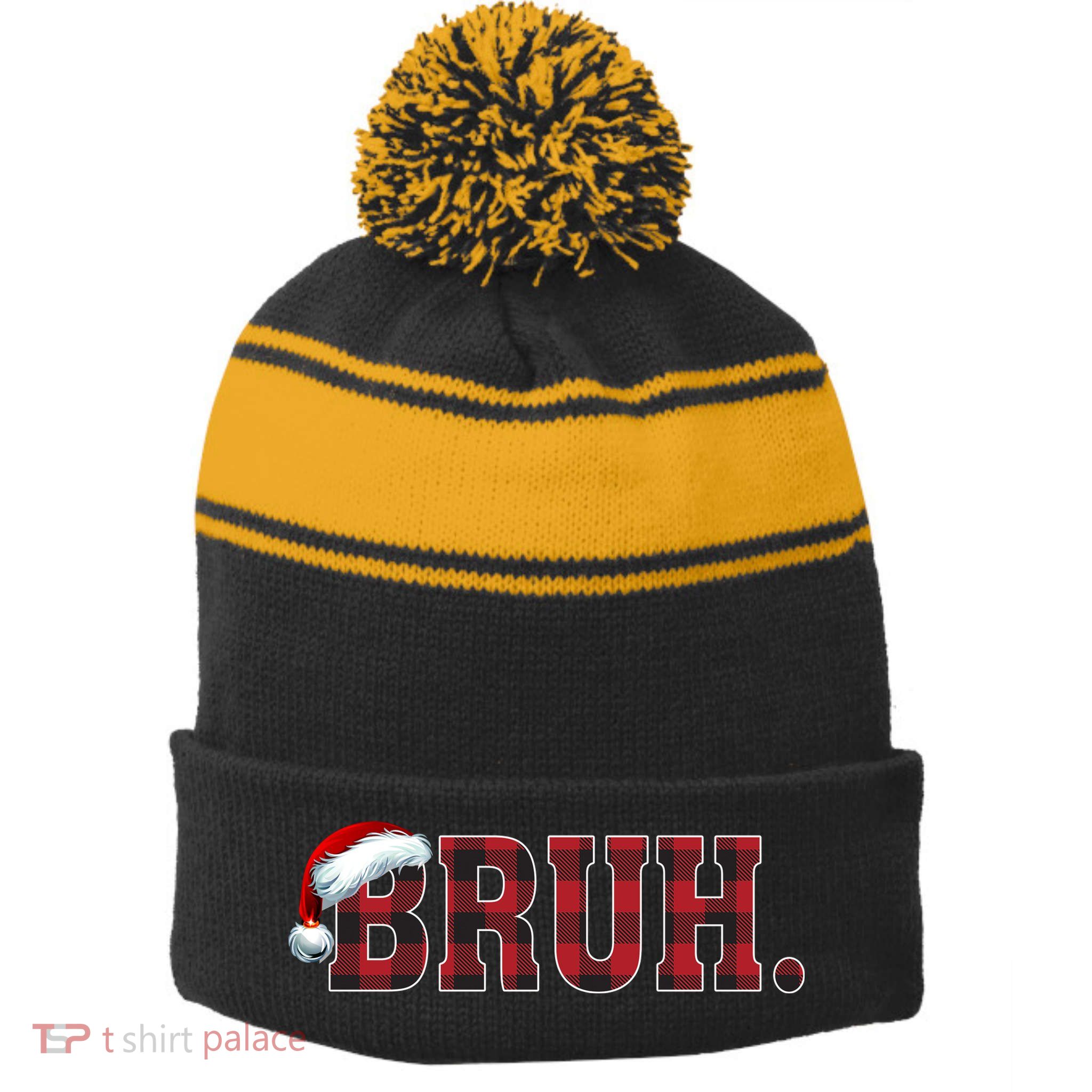 Bruh Funny Merry Christmas Buffalo Plaid Family Matching Pjs Stripe Pom Pom Beanie