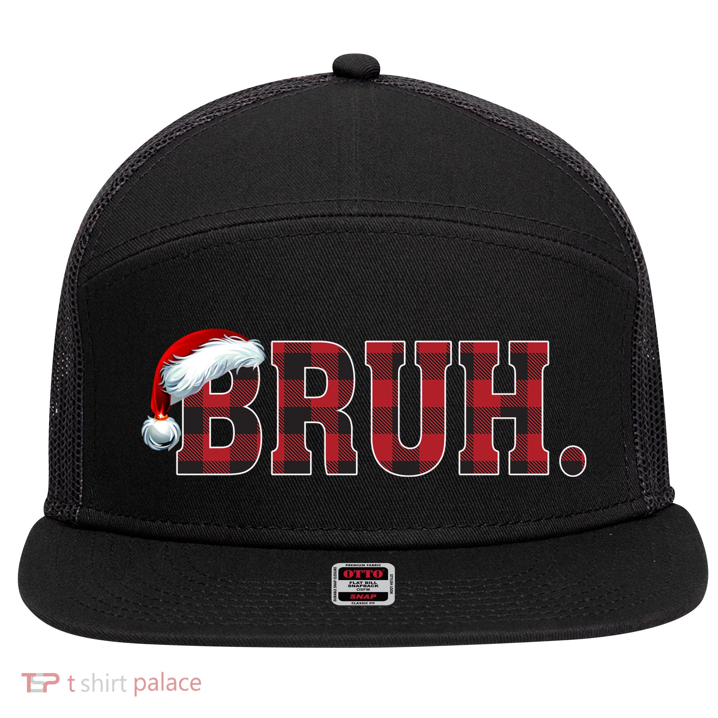 Bruh Funny Merry Christmas Buffalo Plaid Family Matching Pjs 7 Panel Mesh Trucker Snapback Hat