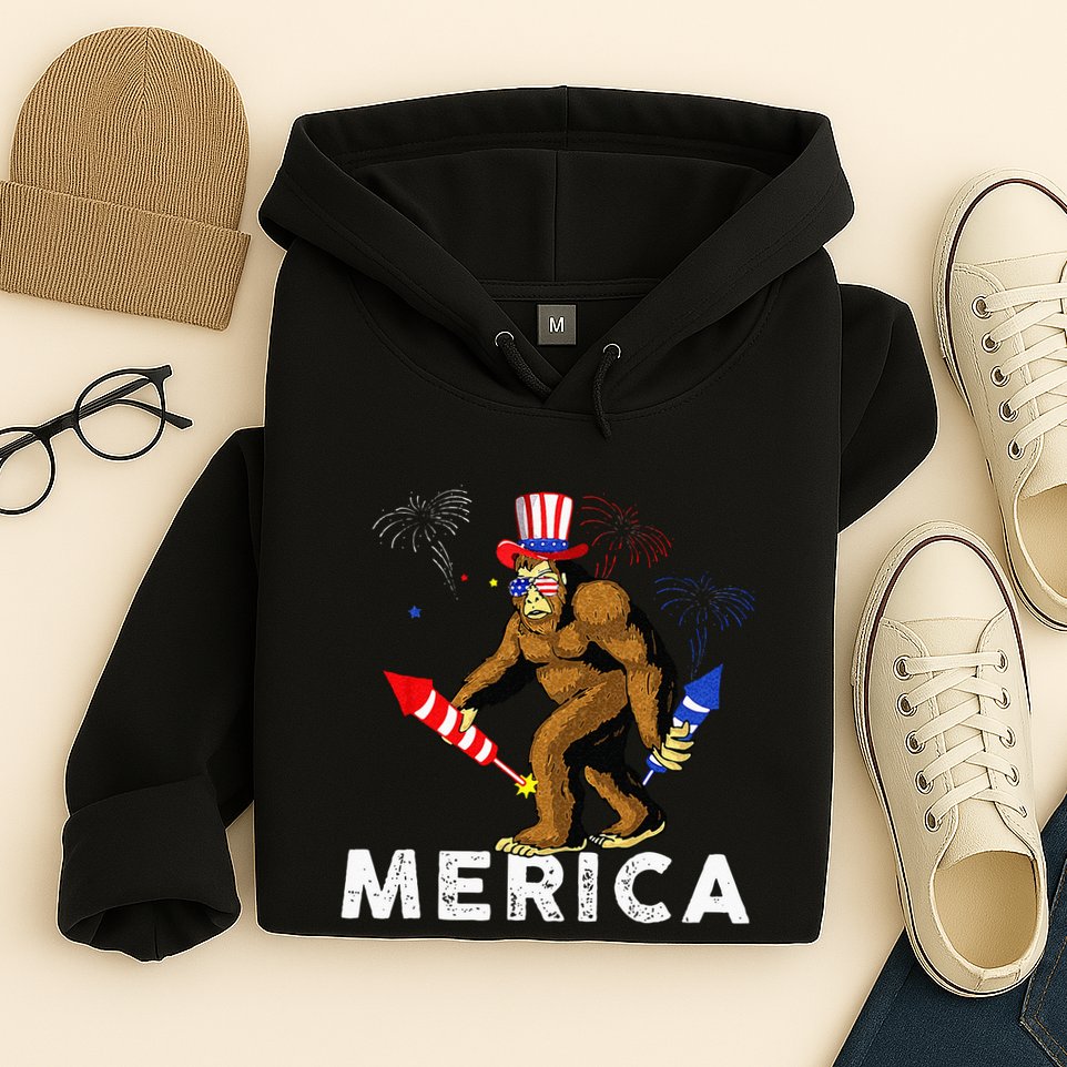 Bigfoot Fireworks Merica 4th Of July Sasquatch Hoodie