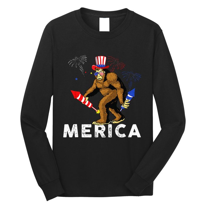 Bigfoot Fireworks Merica 4th Of July Sasquatch Long Sleeve Shirt