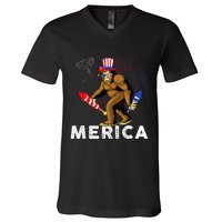 Bigfoot Fireworks Merica 4th Of July Sasquatch V-Neck T-Shirt