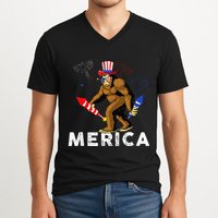 Bigfoot Fireworks Merica 4th Of July Sasquatch V-Neck T-Shirt