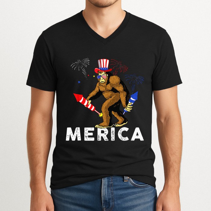 Bigfoot Fireworks Merica 4th Of July Sasquatch V-Neck T-Shirt