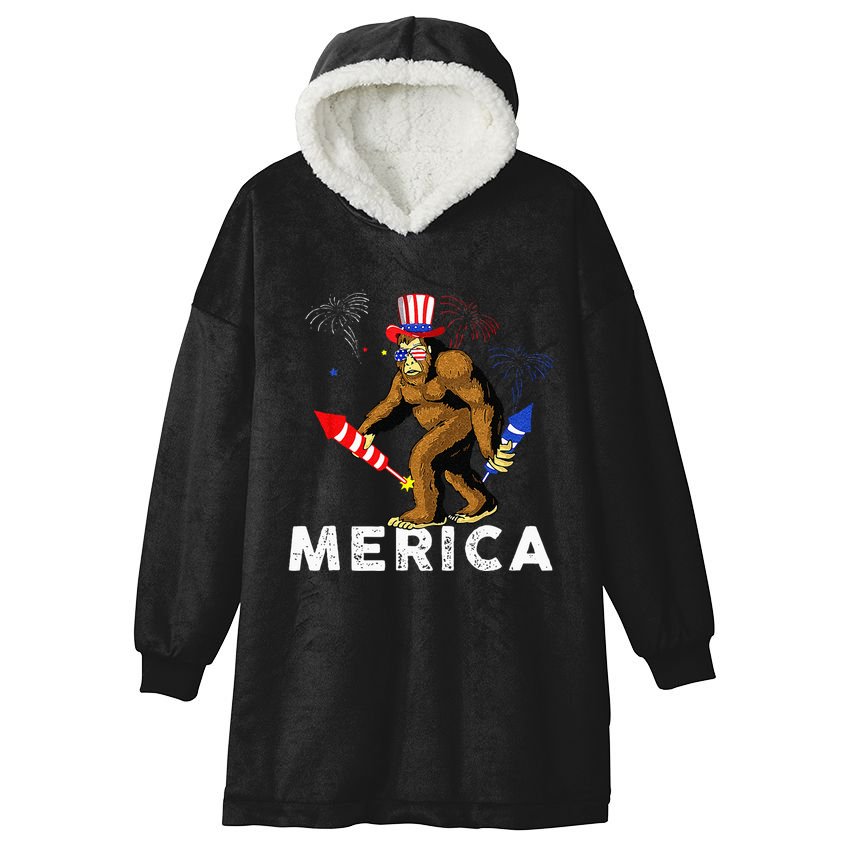 Bigfoot Fireworks Merica 4th Of July Sasquatch Hooded Wearable Blanket