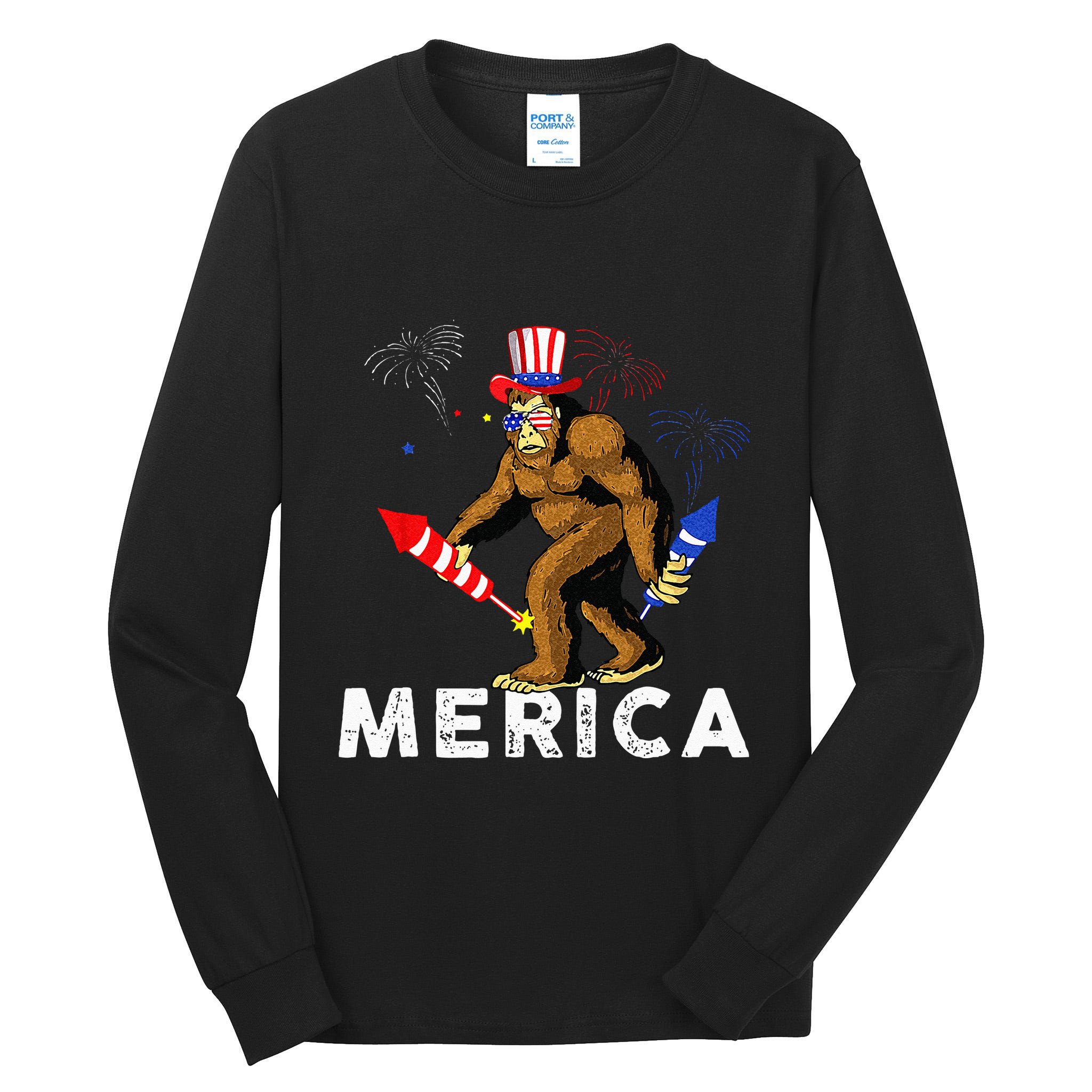 Bigfoot Fireworks Merica 4th Of July Sasquatch Tall Long Sleeve T-Shirt
