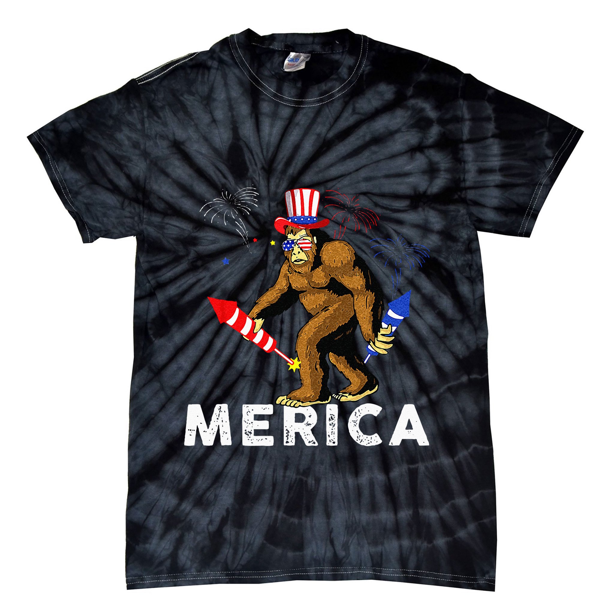 Bigfoot Fireworks Merica 4th Of July Sasquatch Tie-Dye T-Shirt