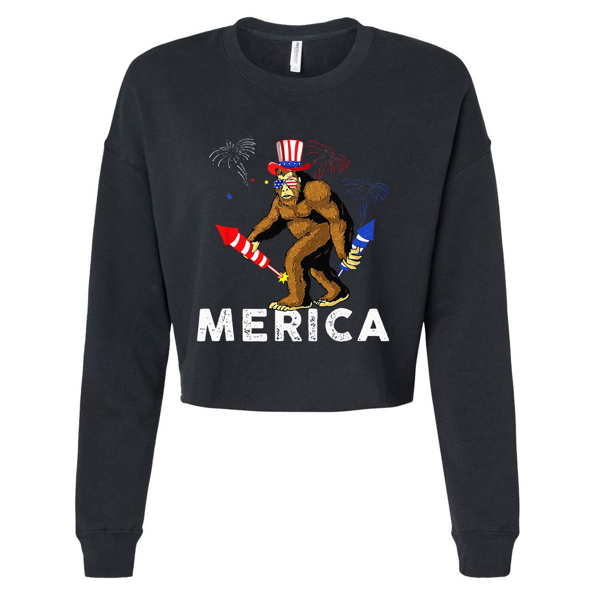 Bigfoot Fireworks Merica 4th Of July Sasquatch Cropped Pullover Crew