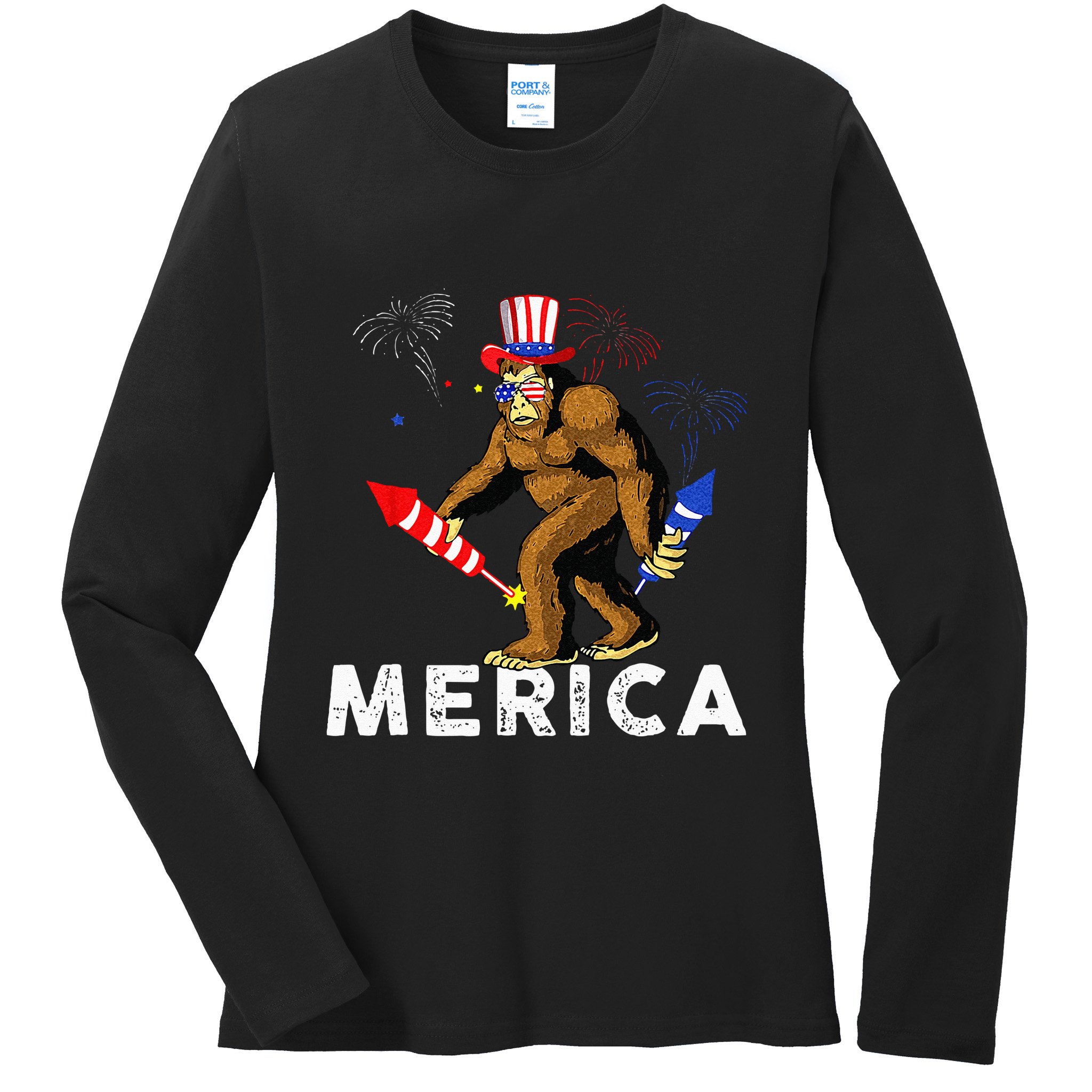 Bigfoot Fireworks Merica 4th Of July Sasquatch Ladies Long Sleeve Shirt