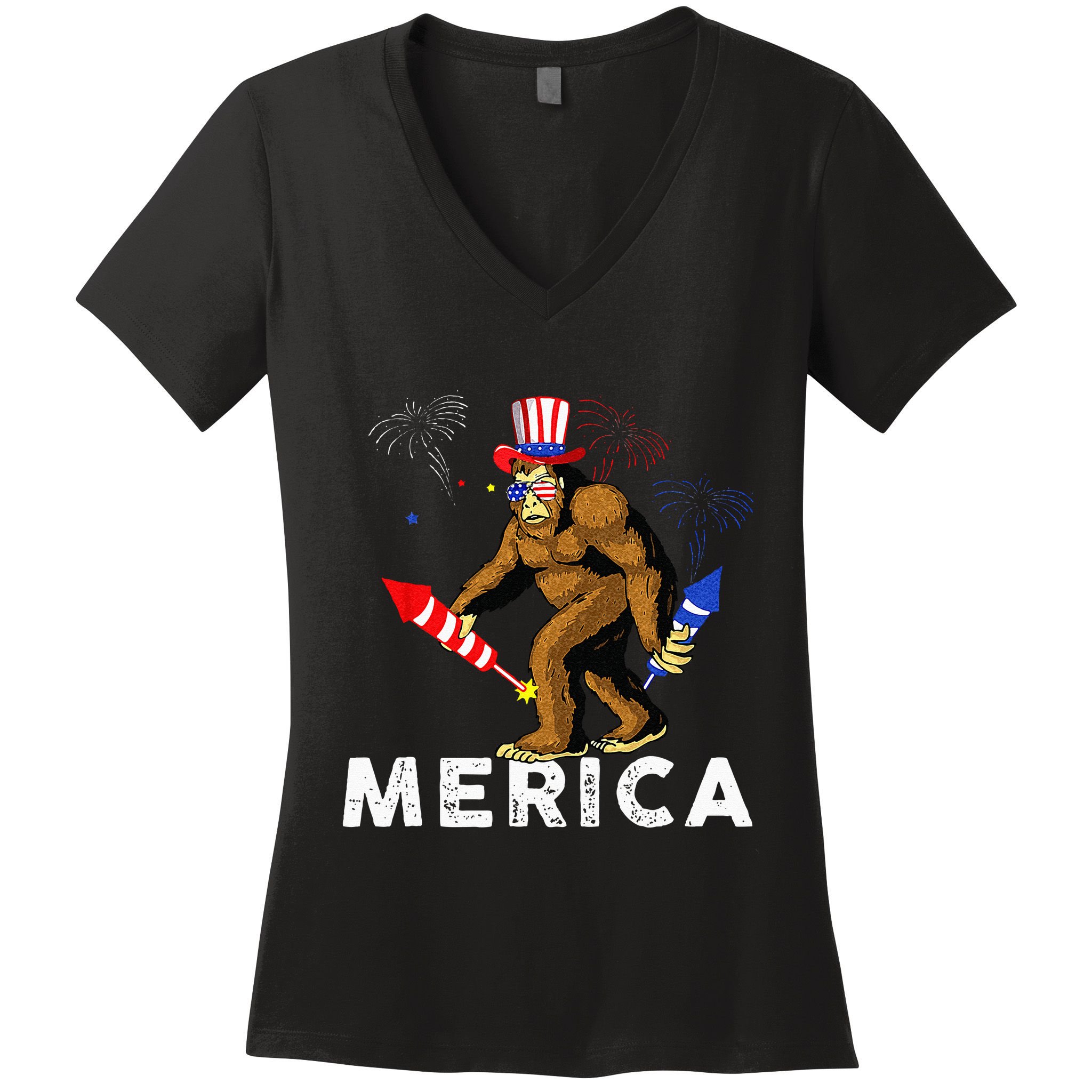 Bigfoot Fireworks Merica 4th Of July Sasquatch Women's V-Neck T-Shirt