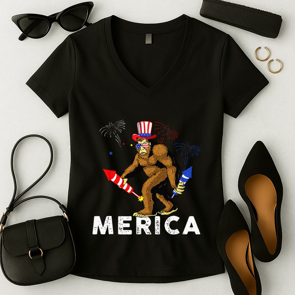 Bigfoot Fireworks Merica 4th Of July Sasquatch Women's V-Neck T-Shirt