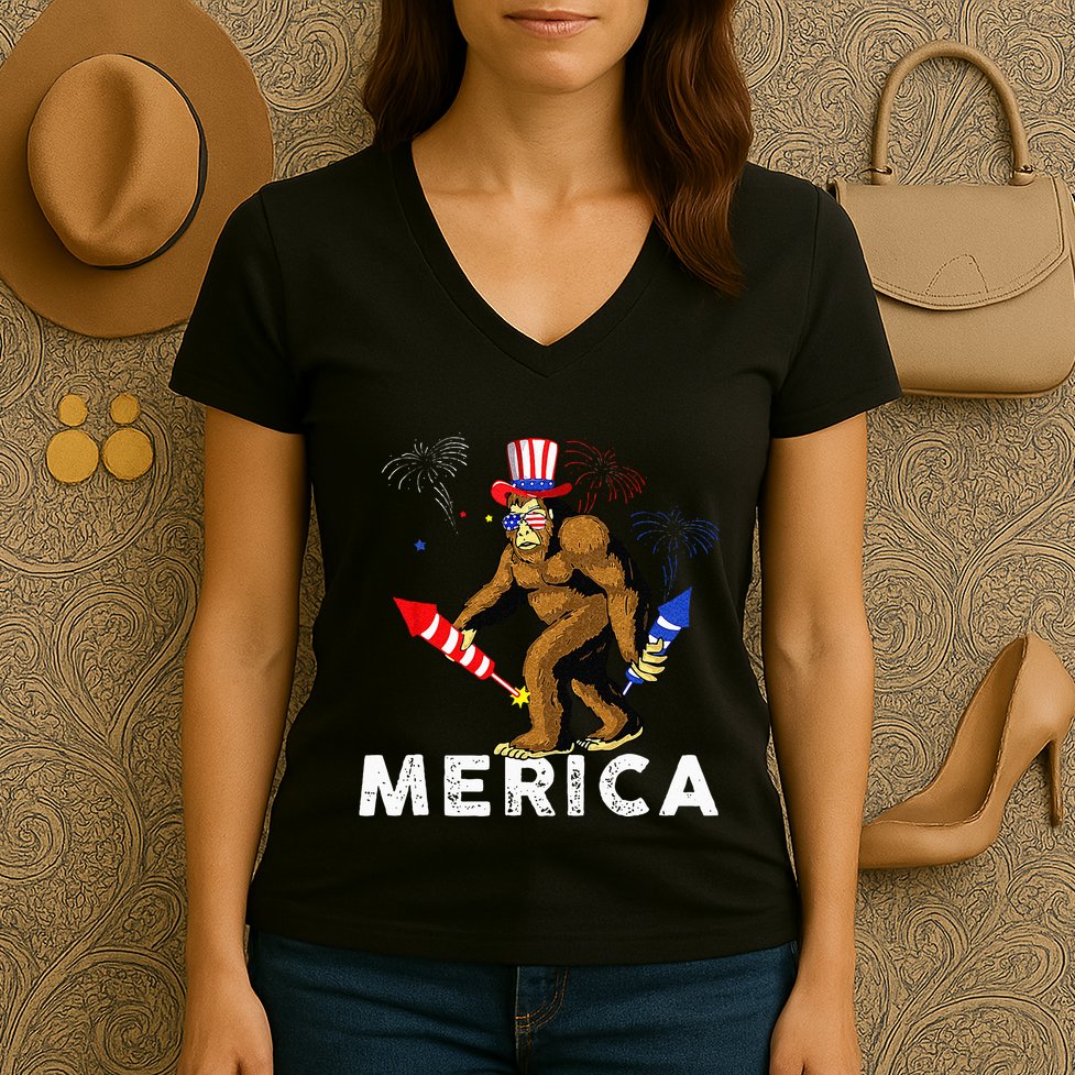 Bigfoot Fireworks Merica 4th Of July Sasquatch Women's V-Neck T-Shirt