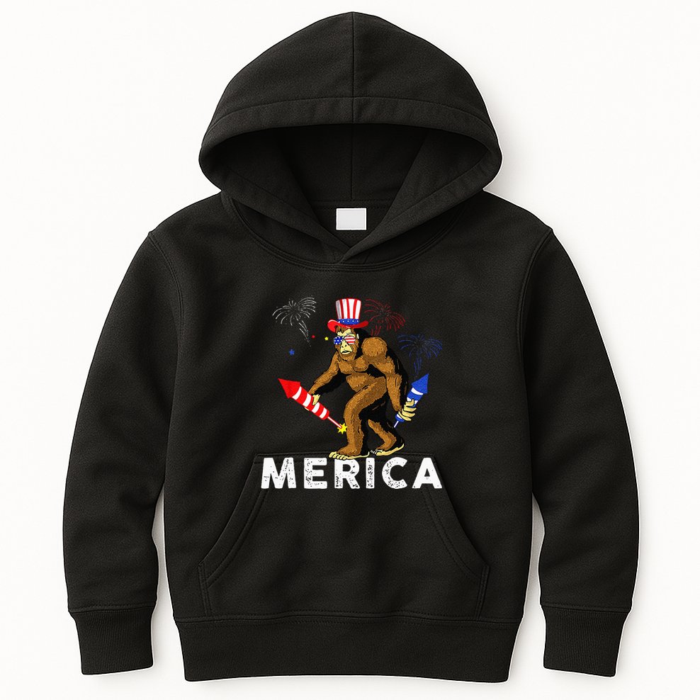 Bigfoot Fireworks Merica 4th Of July Sasquatch Kids Hoodie