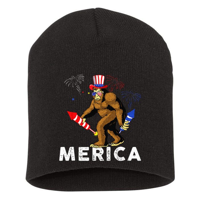 Bigfoot Fireworks Merica 4th Of July Sasquatch Short Acrylic Beanie