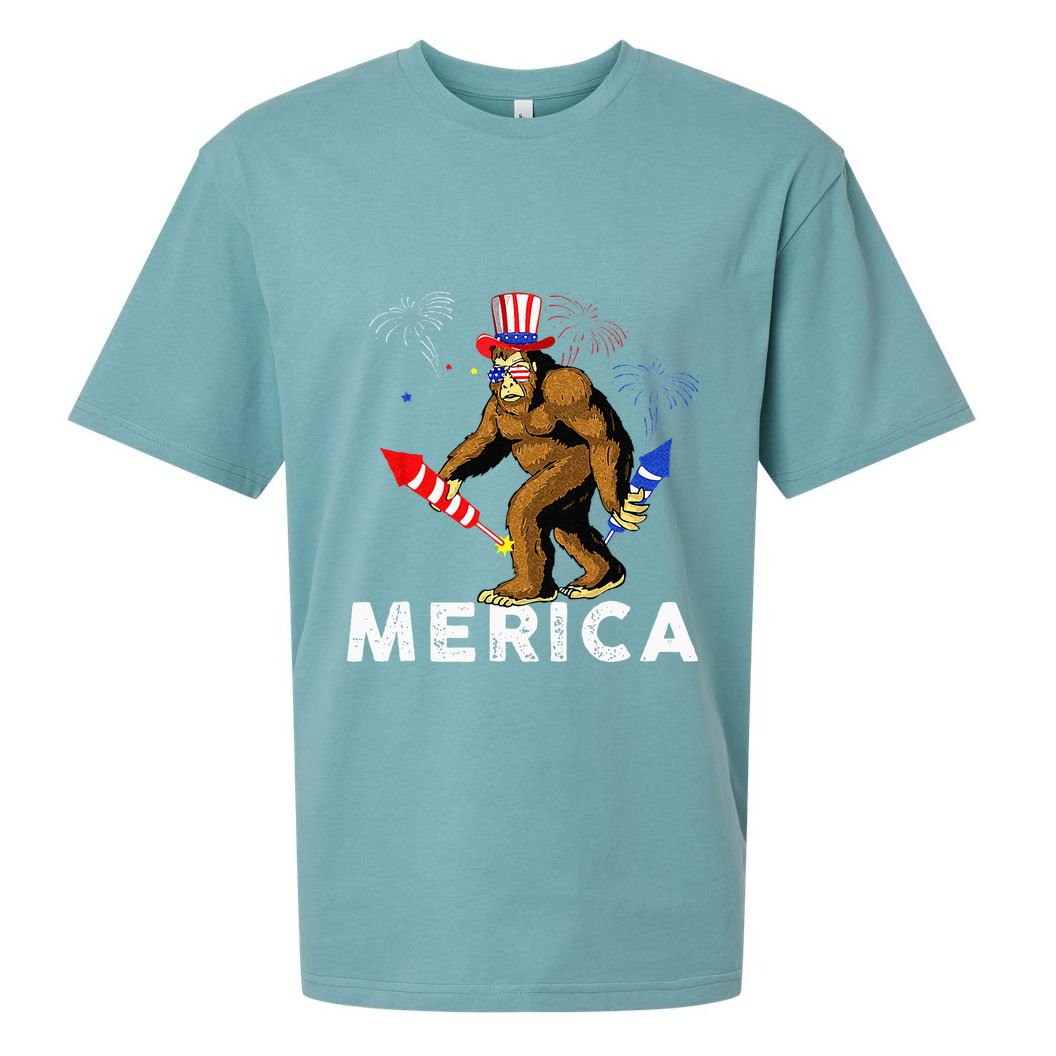 Bigfoot Fireworks Merica 4th Of July Sasquatch Sueded Cloud Jersey T-Shirt