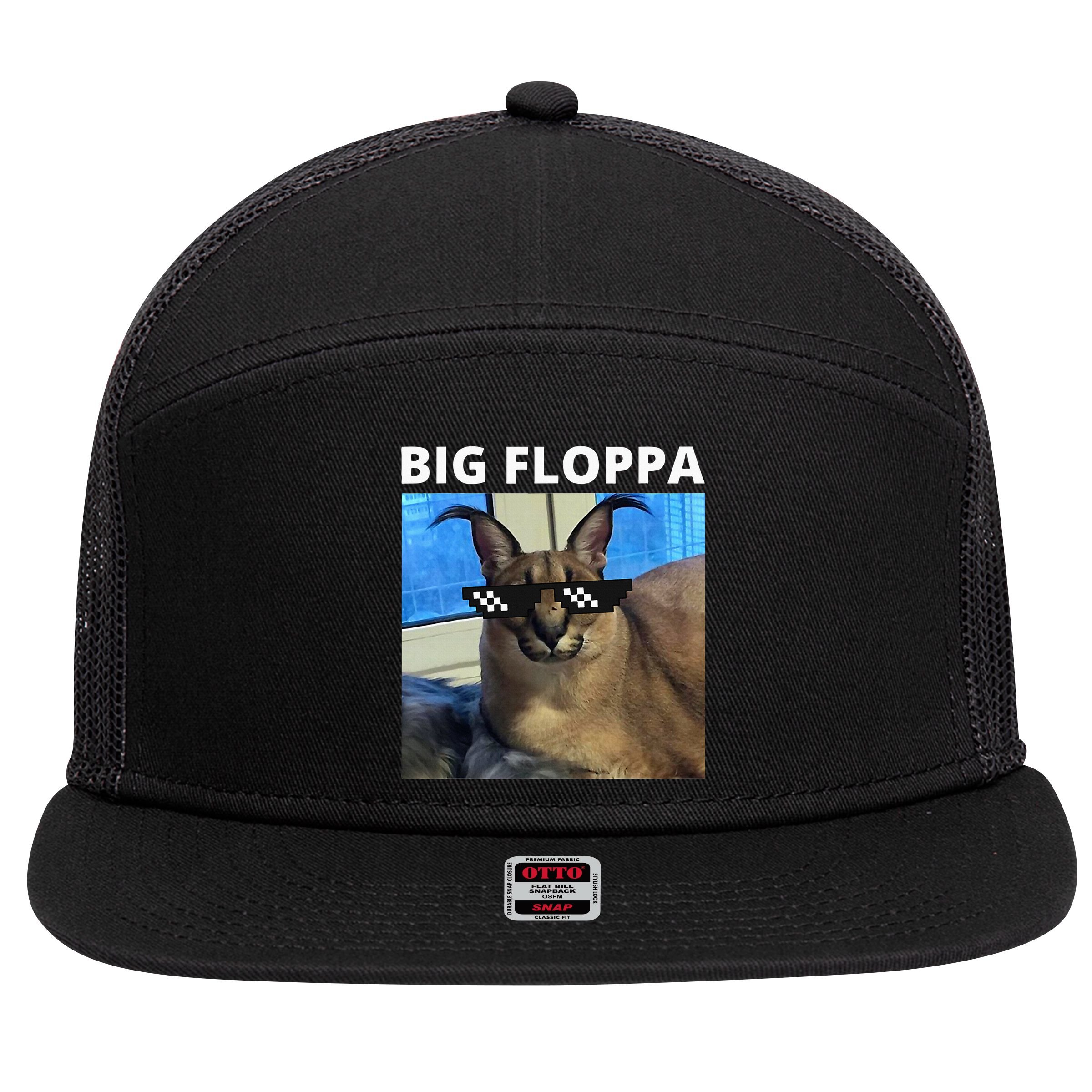 Big Floppa Meme Cat 7 Panel Mesh Trucker Snapback Hat