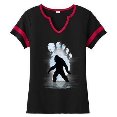 Bigfoot Footprint Moon Light Funny Sasquatch Ladies Halftime Notch Neck Tee