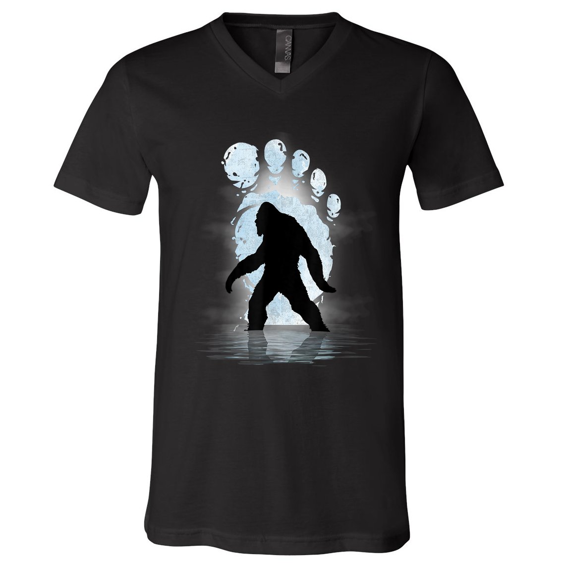 Bigfoot Footprint Moon Light Funny Sasquatch V-Neck T-Shirt
