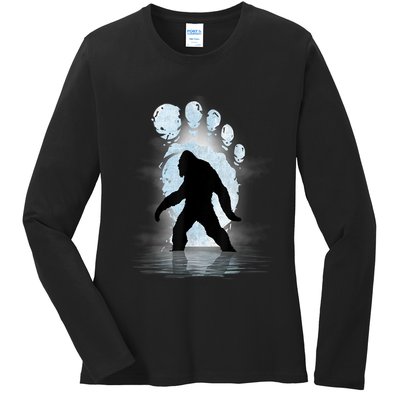 Bigfoot Footprint Moon Light Funny Sasquatch Ladies Long Sleeve Shirt