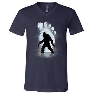 Bigfoot Footprint Moon Light Funny Sasquatch V-Neck T-Shirt