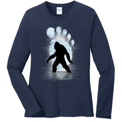 Bigfoot Footprint Moon Light Funny Sasquatch Ladies Long Sleeve Shirt