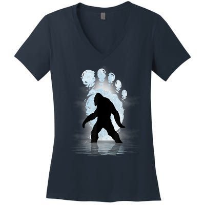 Bigfoot Footprint Moon Light Funny Sasquatch Women's V-Neck T-Shirt