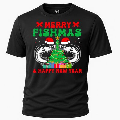 Bass Fishing Merry Fishmas And Happy New Year Christmas Cooling Performance Crew T-Shirt