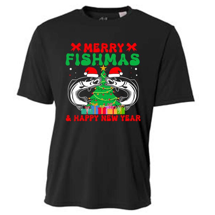 Bass Fishing Merry Fishmas And Happy New Year Christmas Cooling Performance Crew T-Shirt