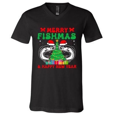 Bass Fishing Merry Fishmas And Happy New Year Christmas V-Neck T-Shirt