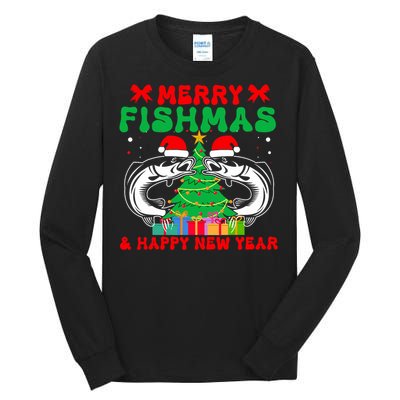 Bass Fishing Merry Fishmas And Happy New Year Christmas Tall Long Sleeve T-Shirt