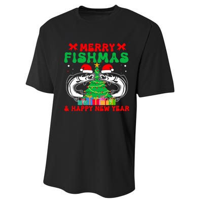 Bass Fishing Merry Fishmas And Happy New Year Christmas Performance Sprint T-Shirt