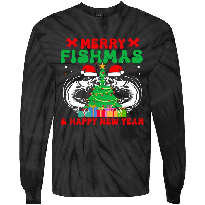 Bass Fishing Merry Fishmas And Happy New Year Christmas Tie-Dye Long Sleeve Shirt