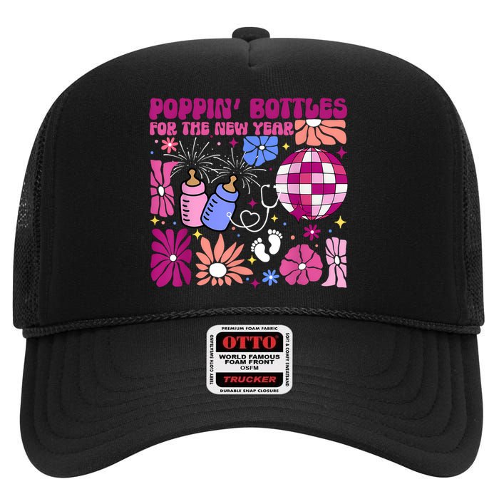 Boho Floral Nicu Crew Nurse Poppin Bottles For The New Year High Crown Mesh Back Trucker Hat