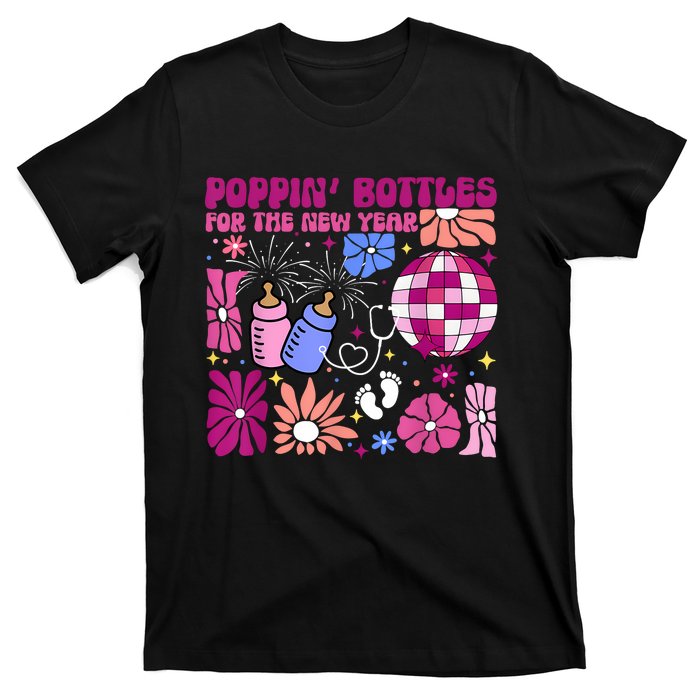 Boho Floral Nicu Crew Nurse Poppin Bottles For The New Year T-Shirt