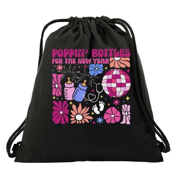 Boho Floral Nicu Crew Nurse Poppin Bottles For The New Year Drawstring Bag