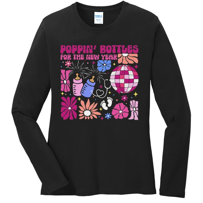 Boho Floral Nicu Crew Nurse Poppin Bottles For The New Year Ladies Long Sleeve Shirt