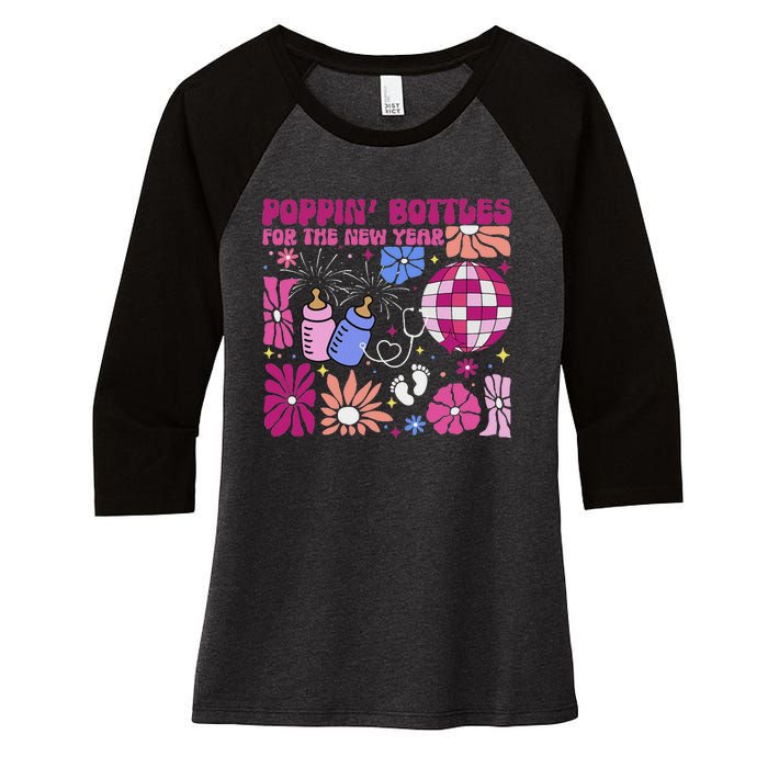 Boho Floral Nicu Crew Nurse Poppin Bottles For The New Year Women's Tri-Blend 3/4-Sleeve Raglan Shirt