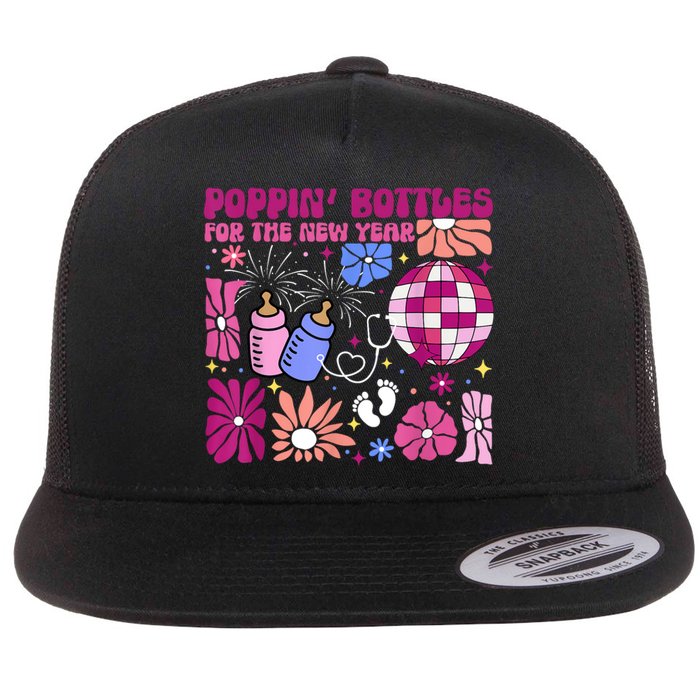 Boho Floral Nicu Crew Nurse Poppin Bottles For The New Year Flat Bill Trucker Hat