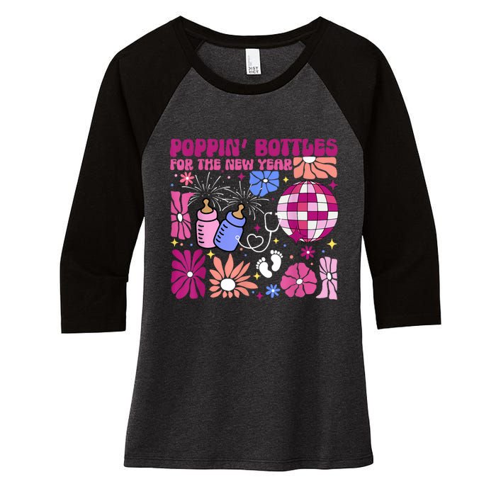 Boho Floral Nicu Crew Nurse Poppin Bottles For The New Year Women's Tri-Blend 3/4-Sleeve Raglan Shirt